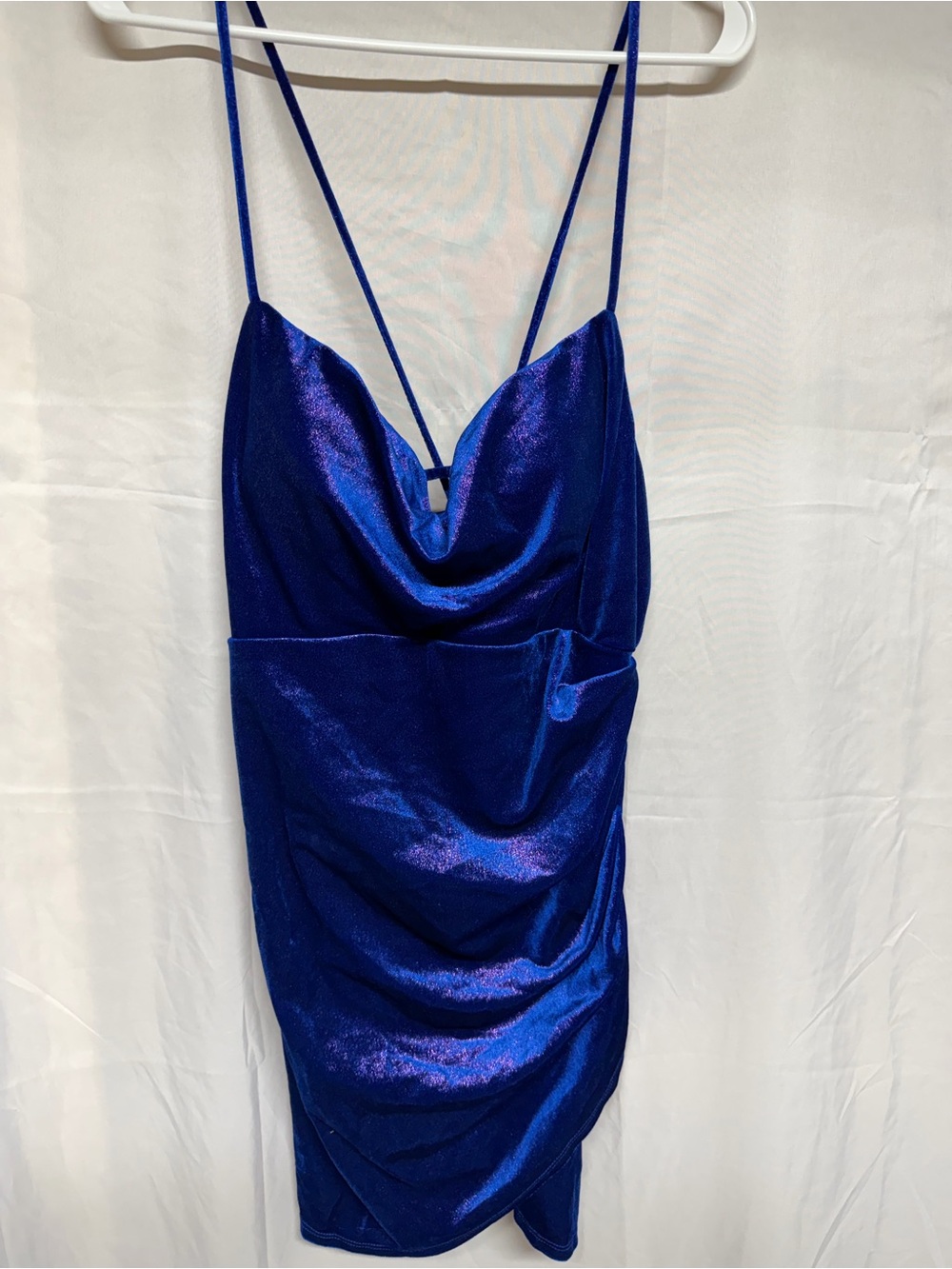 Seni & Code XL Royal Blue Metallic Cowl Neck Lace Up Back Mini Dress NWT